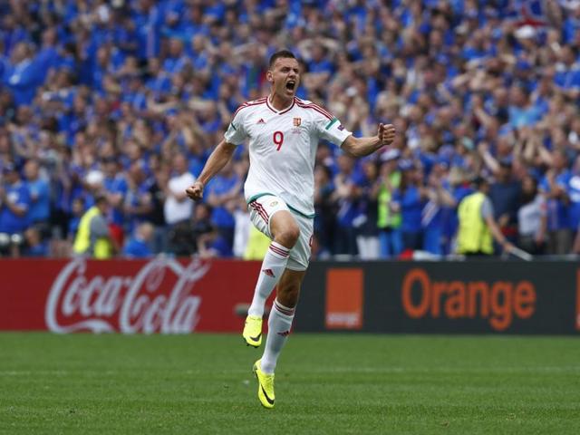 Hungary's Adam Szalai celebrates at the end of the match. (REUTERS)