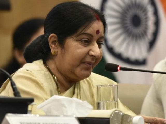 External affairs minister Sushma Swaraj addresses an annual press conference in New Delhi on Sunday. (Arvind Yadav/HT Photo) External affairs minister Sushma Swaraj addresses an annual press conference in New Delhi on Sunday. (Arvind Yadav/HT Photo)