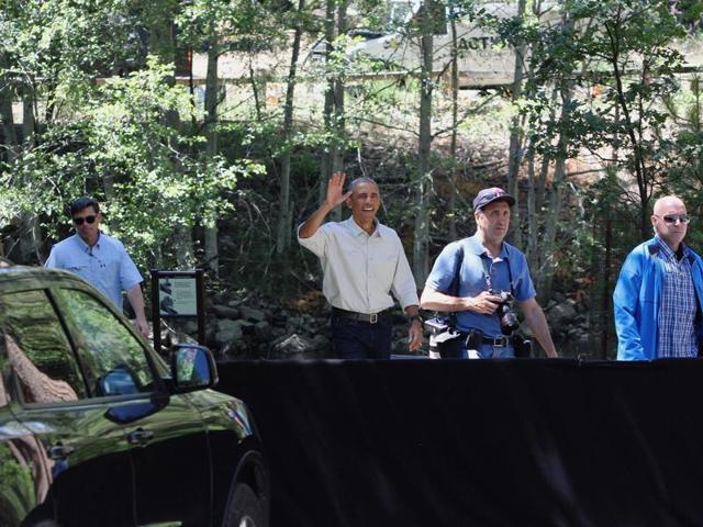 Obama arrives at a press conference in Cook's Meadow. (AP) Obama arrives at a press conference in Cook's Meadow. (AP)