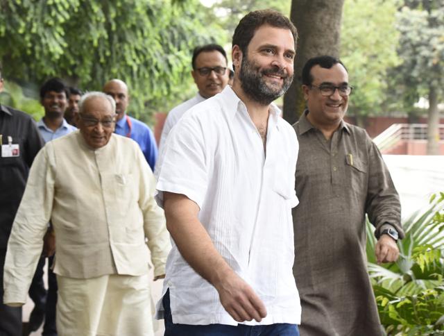 Congress vice-president Rahul Gandhi met his party workers on his 46th birthday at all India congress committee office in New Delhi on Sunday. (Sonu Mehta/ Hindustan Times)