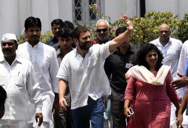 Congress vice-president Rahul Gandhi met his party workers on his 46th birthday at all India congress committee office in New Delhi on Sunday. (Sonu Mehta/ Hindustan Times)