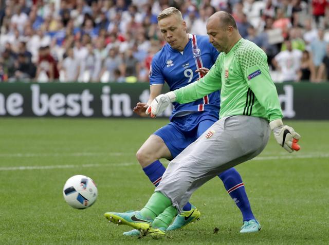 Hungary goalkeeper Gabor Kiraly clears the ball past Iceland's Kolbeinn Sigthorsson during the Euro 2016 Group F football match between Iceland and Hungary at the Velodrome stadium in Marseille, France. (AP Photo) Hungary goalkeeper Gabor Kiraly clears the ball past Iceland's Kolbeinn Sigthorsson during the Euro 2016 Group F football match between Iceland and Hungary at the Velodrome stadium in Marseille, France. (AP Photo)