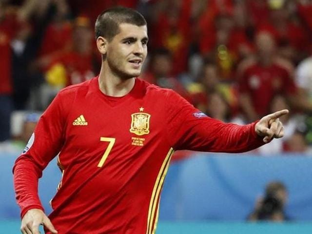 Spain's Alvaro Morata celebrates after scoring their third goal. (Reuters Photo) Spain's Alvaro Morata celebrates after scoring their third goal. (Reuters Photo)