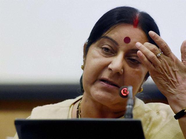 External affairs minister Sushma Swaraj addresses a press conference in New Delhi on Sunday. (PTI Photo) External affairs minister Sushma Swaraj addresses a press conference in New Delhi on Sunday. (PTI Photo)