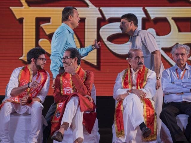 Shiv Sena chief Uddhav Thackeray (second from left) with other leaders at the rally. (Satish Bate/HT) Shiv Sena chief Uddhav Thackeray (second from left) with other leaders at the rally. (Satish Bate/HT)