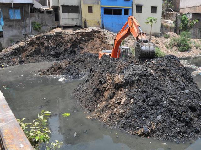 Palasia nullah chocked with garbage.(Shankar Mourya/HT photo)