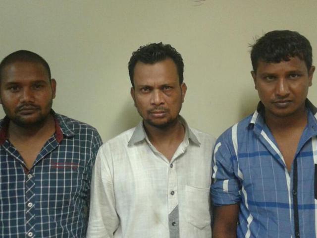 Three of the 16 robbers caught in south Delhi on Sunday night.