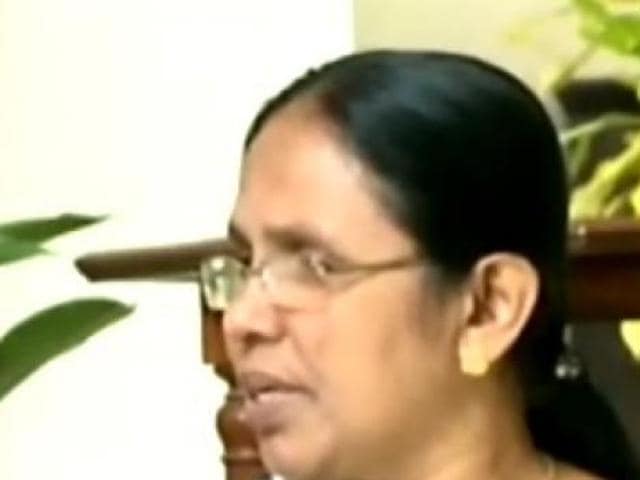 Kerala health minister KK Shylaja was irked when Sanskrit kirtans were rendered during the International Yoga Day celebrations here on Tuesday. (Screengrab from YouTube) Kerala health minister KK Shylaja was irked when Sanskrit kirtans were rendered during the International Yoga Day celebrations here on Tuesday. (Screengrab from YouTube)