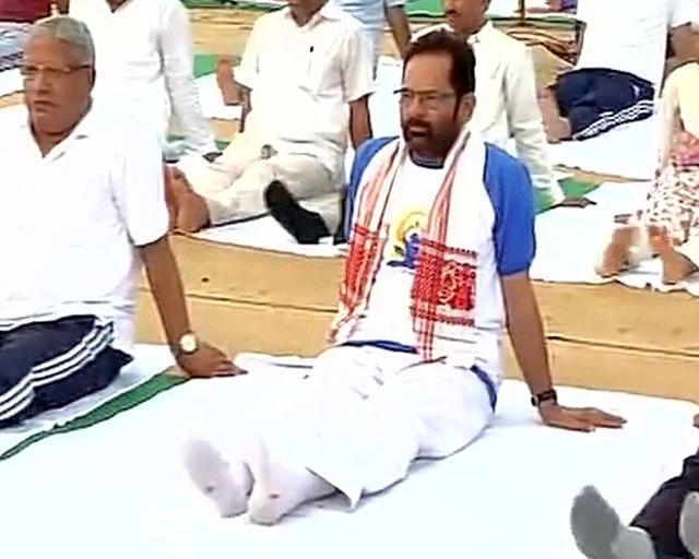 BJP leader Mukhtar Abbas Naqvi practices yoga in Meerut. (Twitter) BJP leader Mukhtar Abbas Naqvi practices yoga in Meerut. (Twitter)