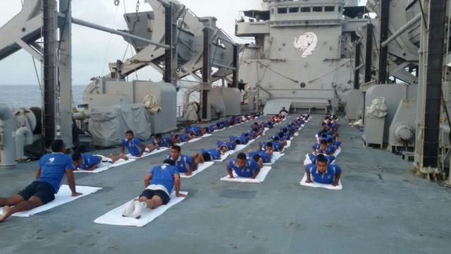 Yoga on board INS Airavat out at sea. (Photo courtesy- @indiannavy on Twitter) Yoga on board INS Airavat out at sea. (Photo courtesy- @indiannavy on Twitter)