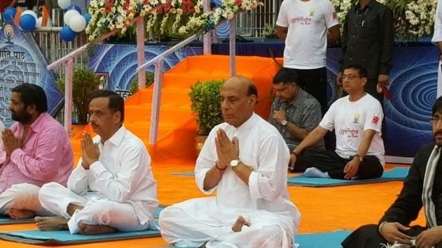 Union home minister Rajnath Singh attends the International Yoga Day event in Lucknow. (ANI) Union home minister Rajnath Singh attends the International Yoga Day event in Lucknow. (ANI)