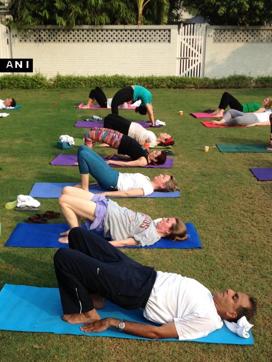 US Ambassador Richard Rahul Verma performs yoga at US Embassy in Delhi. (ANI Photo) US Ambassador Richard Rahul Verma performs yoga at US Embassy in Delhi. (ANI Photo)
