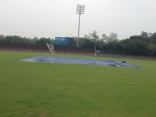 The covered pitch at an empty cricket stadium in Sector 16. (Nikhil Sharma/HT Photo) The covered pitch at an empty cricket stadium in Sector 16. (Nikhil Sharma/HT Photo)