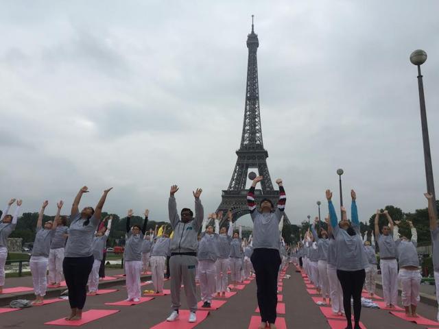 As part of the series of events to mark the second International Day of Yoga, the Embassy of India in Paris organised an event at the iconic Eiffel Tower . The event attracted an overwhelming number of enthusiasts . (Photo: @MEAIndia ) As part of the series of events to mark the second International Day of Yoga, the Embassy of India in Paris organised an event at the iconic Eiffel Tower . The event attracted an overwhelming number of enthusiasts . (Photo: @MEAIndia )