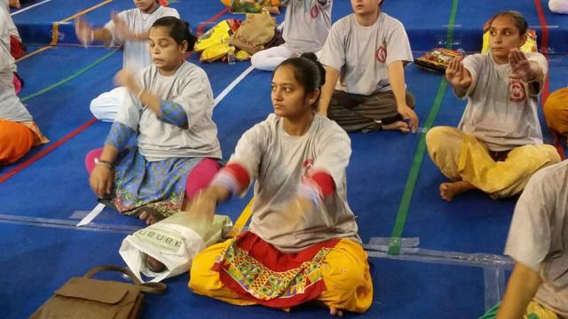 Pregnant women performing yoga in Rajkot, Gujarat, on the occasion of International Yoga Day on June 21, 2016. (HT Photo )