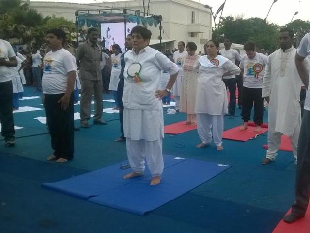 Lt Governor Kiran Bedi participates at a yoga day camp in Puducherry.G (Photo credit: AIR News on Twitter) Lt Governor Kiran Bedi participates at a yoga day camp in Puducherry.G (Photo credit: AIR News on Twitter)