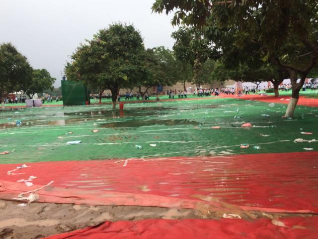 The litter left behind by the participants at the Capitol Complex, where the session was held amid water pools and wet carpets, in Chandigarh on Tuesday. (HT Photo) The litter left behind by the participants at the Capitol Complex, where the session was held amid water pools and wet carpets, in Chandigarh on Tuesday. (HT Photo)