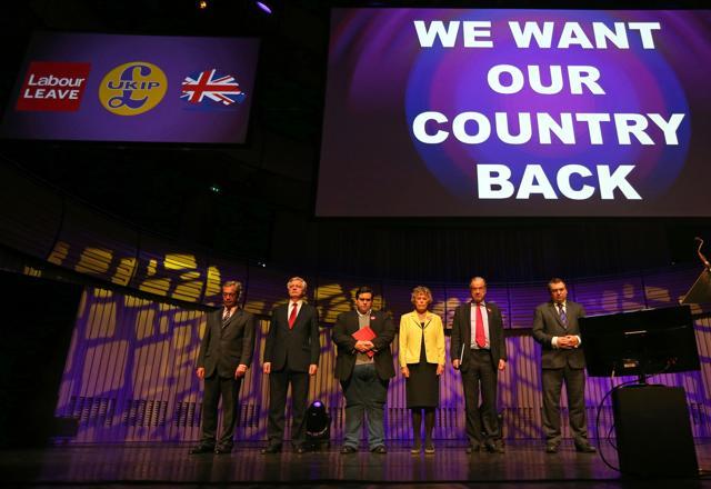 Leader of the United Kingdom Independence Party (UKIP), Nigel Farage (L) and fellow Brexit campaigners take part in a minute of silence for murdered MP Jo Cox at a public meeting of the EU Referendum campaign in Gateshead, north east England on Monday. (AFP) Leader of the United Kingdom Independence Party (UKIP), Nigel Farage (L) and fellow Brexit campaigners take part in a minute of silence for murdered MP Jo Cox at a public meeting of the EU Referendum campaign in Gateshead, north east England on Monday. (AFP)
