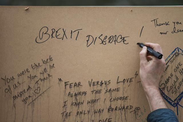 A person writes "Brexit Disgrace !" on a memorial to murdered Labour MP, Jo Cox is pictured outside the Houses of Parliament in London on Monday. (AFP) A person writes "Brexit Disgrace !" on a memorial to murdered Labour MP, Jo Cox is pictured outside the Houses of Parliament in London on Monday. (AFP)