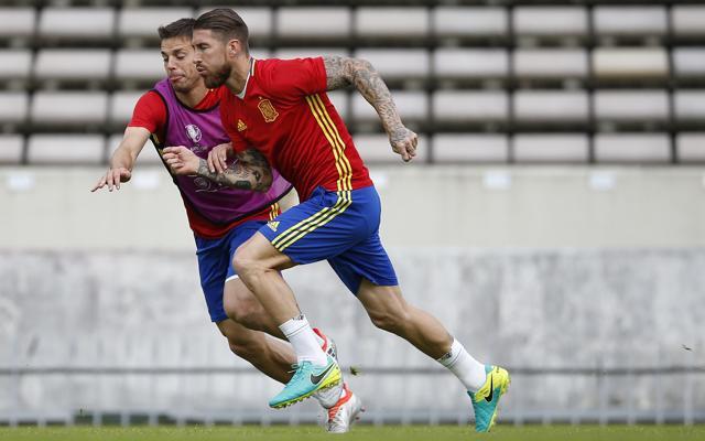 Spain's Cesar Azpilicueta (left) and Sergio Ramos attend a training session at the stade Chaban-Delmas in Bordeaux, France. (AP Photo) Spain's Cesar Azpilicueta (left) and Sergio Ramos attend a training session at the stade Chaban-Delmas in Bordeaux, France. (AP Photo)
