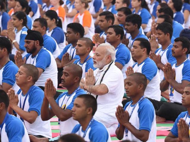Prime Minister Narendra Modi joins Yoga Day celebrations at Capitol Complex in Chandigarh on . (Sanjeev Sharma/HT Photo) Prime Minister Narendra Modi joins Yoga Day celebrations at Capitol Complex in Chandigarh on . (Sanjeev Sharma/HT Photo)