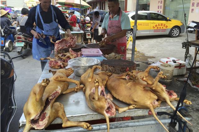 Vendors chop dog meat for sale at a market ahead of a dog meat festival in Yulin. (AP) Vendors chop dog meat for sale at a market ahead of a dog meat festival in Yulin. (AP)