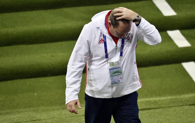 Russia's coach Leonid Slutsky reacts during the Euro 2016 group B football match between Russia and Wales at the Stadium Municipal in Toulouse. (AFP Photo) Russia's coach Leonid Slutsky reacts during the Euro 2016 group B football match between Russia and Wales at the Stadium Municipal in Toulouse. (AFP Photo)
