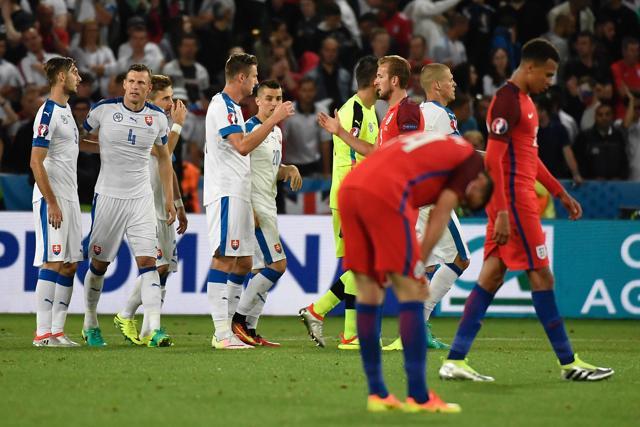 Slovakia's players react after the Euro 2016 group B football match between Slovakia and England at the Geoffroy-Guichard stadium in Saint-Etienne. (AFP Photo) Slovakia's players react after the Euro 2016 group B football match between Slovakia and England at the Geoffroy-Guichard stadium in Saint-Etienne. (AFP Photo)