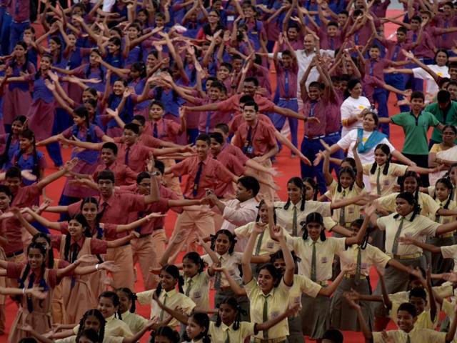 Students take part in a yoga session at Vashi . (Bachchan Kumar)