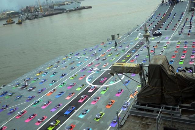 The second International Day of Yoga was celebrated on INS Viraat by several Naval cadets. (Sandeep Mahankal)