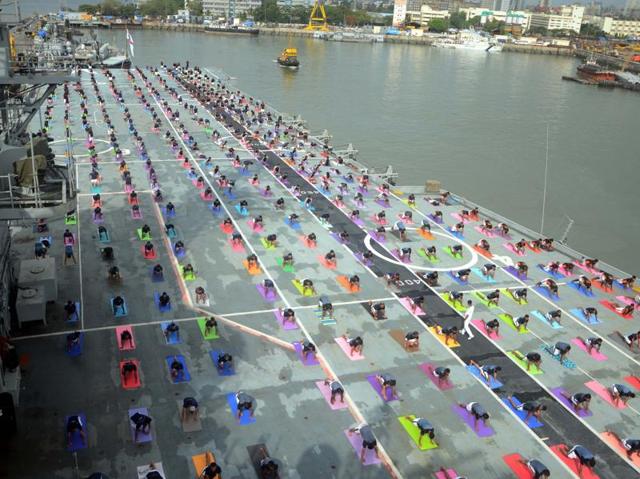 The second International Day of Yoga was celebrated on INS Viraat by several Naval cadets (Sandeep Mahankal)