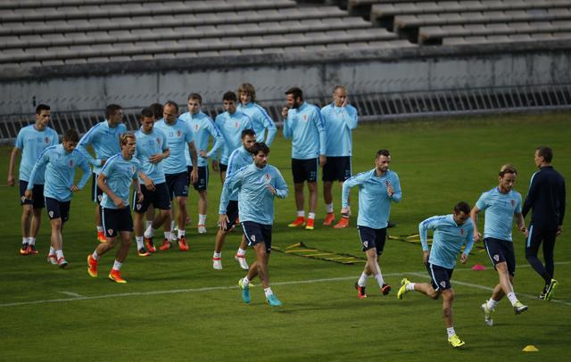Croatia players attend a training session at the stade Chaban-Delmas in Bordeaux, France. (AP Photo)