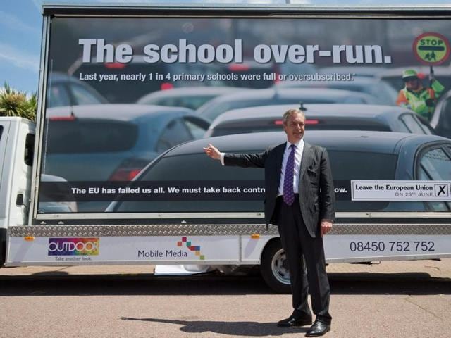 UK Independence Party (UKIP) leader Nigel Farage has left no stone unturned to drum up support for a decisive Brexit. His new campaign poster, which he unveiled at a rally at Clacton-on-Sea, eastern England, says the EU has “failed us all”.  (AFP/Justin Tallis) 