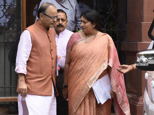 Union finance minister Arun Jaitley, human resource development minister Smriti Irani and minister of science and technology Jitendra Singh after a cabinet meeting at South Block in New Delhi. (Sonu Mehta/HT Photo) Union finance minister Arun Jaitley, human resource development minister Smriti Irani and minister of science and technology Jitendra Singh after a cabinet meeting at South Block in New Delhi. (Sonu Mehta/HT Photo)