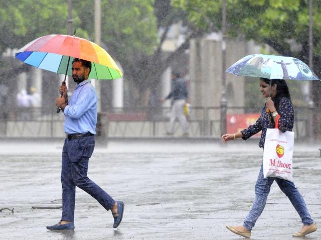 In the rain at Sector 17, Chandigarh, on Wednesday. (Keshav Singh/HT)