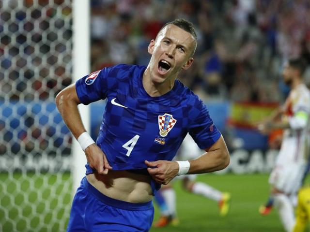 Croatia's Ivan Perisic celebrates scoring their second goal against Spain at Stade de Bordeaux, Bordeaux, France. (Reuters Photo) Croatia's Ivan Perisic celebrates scoring their second goal against Spain at Stade de Bordeaux, Bordeaux, France. (Reuters Photo)