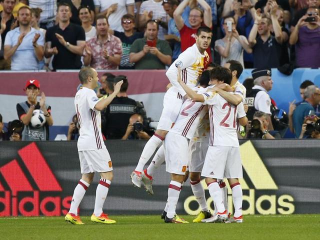 Spain's Alvaro Morata celebrates scoring their first goal against Croatia during the group stages of Euro 2016. (Reuters Photo) Spain's Alvaro Morata celebrates scoring their first goal against Croatia during the group stages of Euro 2016. (Reuters Photo)