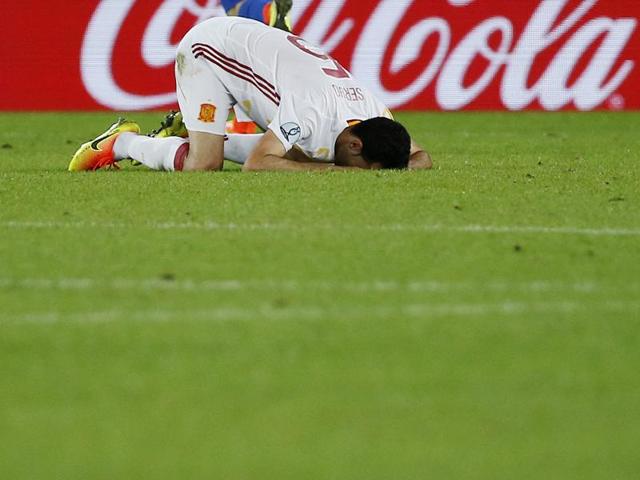 Sergio Busquets reacts after missing a penalty kick during a Group D match between Spain and Croatia. (Reuters Photo) Sergio Busquets reacts after missing a penalty kick during a Group D match between Spain and Croatia. (Reuters Photo)