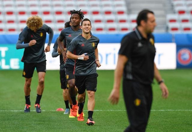 Belgium's midfielder Eden Hazard (centre) attends a training session at the Allianz Riviera stadium in Nice. (AFP Photo) Belgium's midfielder Eden Hazard (centre) attends a training session at the Allianz Riviera stadium in Nice. (AFP Photo)