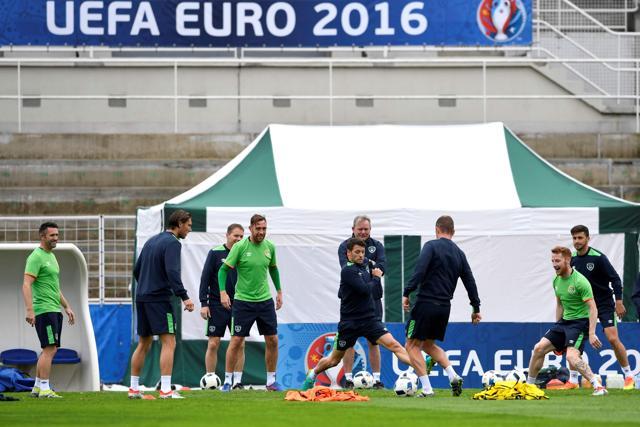 Players of the Republic of Ireland attend a training session at the Montbauron stadium in Versailles. (AFP Photo)