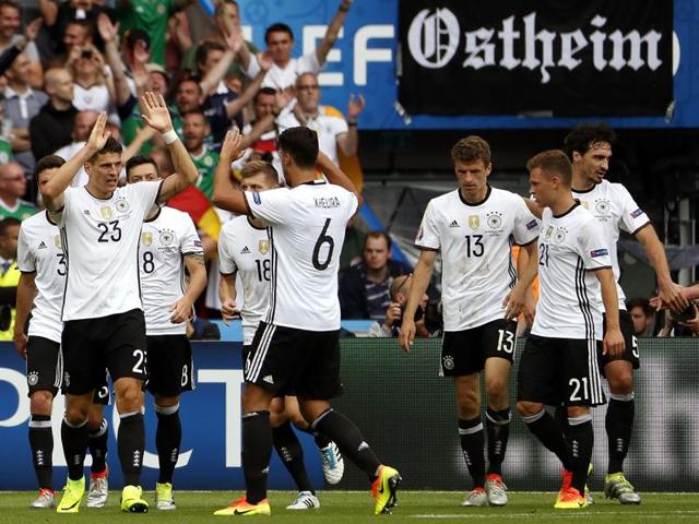 Mario Gomez, left, scores Germany’s winner.(AP)