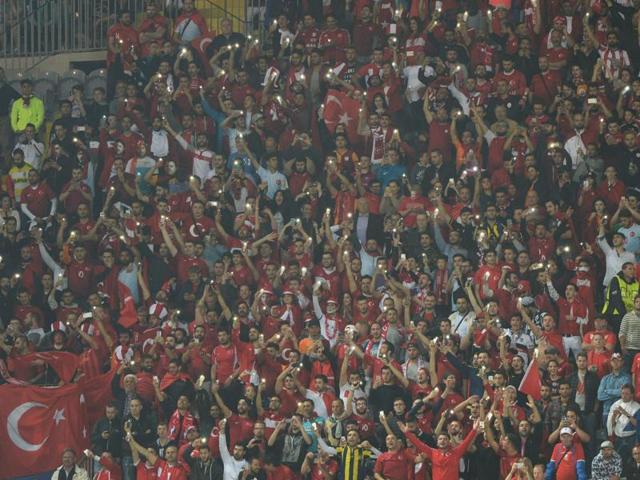 Turkish supporters celebrate their team's victory at the end of the Euro 2016 group D football match between Czech Republic and Turkey at Bollaert-Delelis stadium in Lens. (AFP Photo) Turkish supporters celebrate their team's victory at the end of the Euro 2016 group D football match between Czech Republic and Turkey at Bollaert-Delelis stadium in Lens. (AFP Photo)