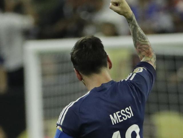 Argentina midfielder Lionel Messi (10) celebrates with teammates after scoring a goal during the first half against the United States in the semifinals of the 2016 Copa America Centenario at NRG Stadium. (Reuters via USA Today Sports) Argentina midfielder Lionel Messi (10) celebrates with teammates after scoring a goal during the first half against the United States in the semifinals of the 2016 Copa America Centenario at NRG Stadium. (Reuters via USA Today Sports)