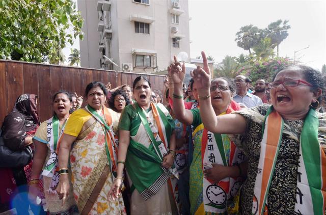 NCP women members protest against Bollywood actor Salman Khan over his controversial rape remarks at Bandra in Mumbai on Tuesday. (PTI)