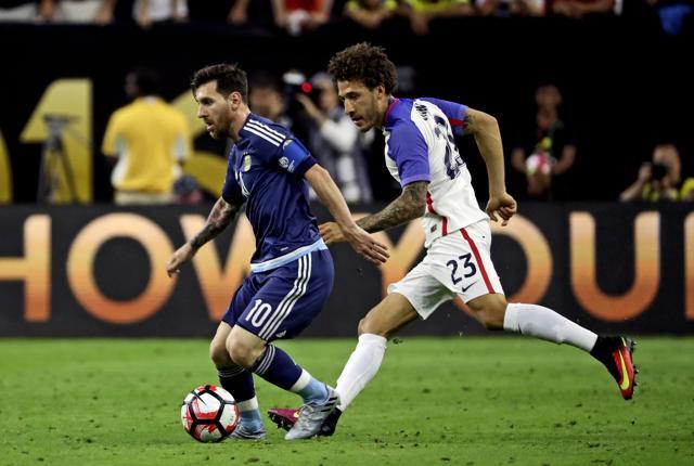 Lionel Messi (10) and United States defender Fabian Johnson (23) during the first half in the semifinals of the 2016 Copa America Centenario. (Reuters via USA Today Sports) Lionel Messi (10) and United States defender Fabian Johnson (23) during the first half in the semifinals of the 2016 Copa America Centenario. (Reuters via USA Today Sports)