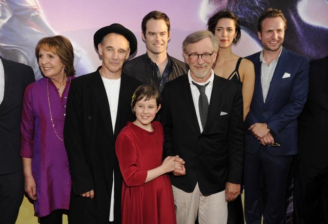 Steven Spielberg, third from right, director/co-producer of The BFG, poses with cast members, left to right, Penelope Wilton, Mark Rylance, Ruby Barnhill, Bill Hader, Rebecca Hall and Rafe Spall at the premiere of the film at the El Capitan Theatre. (Chris Pizzello/Invision/AP) Steven Spielberg, third from right, director/co-producer of The BFG, poses with cast members, left to right, Penelope Wilton, Mark Rylance, Ruby Barnhill, Bill Hader, Rebecca Hall and Rafe Spall at the premiere of the film at the El Capitan Theatre. (Chris Pizzello/Invision/AP)