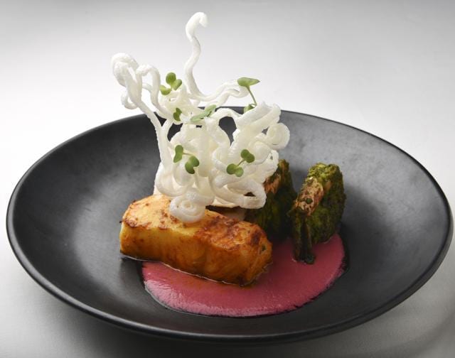Seafood Konkani - grilled Chilean seabass, curry leaf prawns, dhokla-prawn pickle kokum moilee, sagoo noodle crisp at Ziya, The Oberoi, Mumbai (Photo: Aalok Soni/HT)