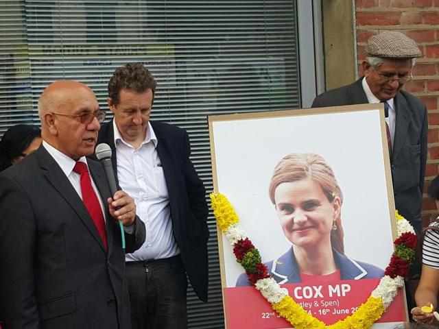 Senior Labour MP Virendra Sharma leading tributes in Southall to his slain party MP, Jo Cox, who was murdered last week in her west Yorkshire constituency. (HT Photo/Prasun Sonwalkar) Senior Labour MP Virendra Sharma leading tributes in Southall to his slain party MP, Jo Cox, who was murdered last week in her west Yorkshire constituency. (HT Photo/Prasun Sonwalkar)