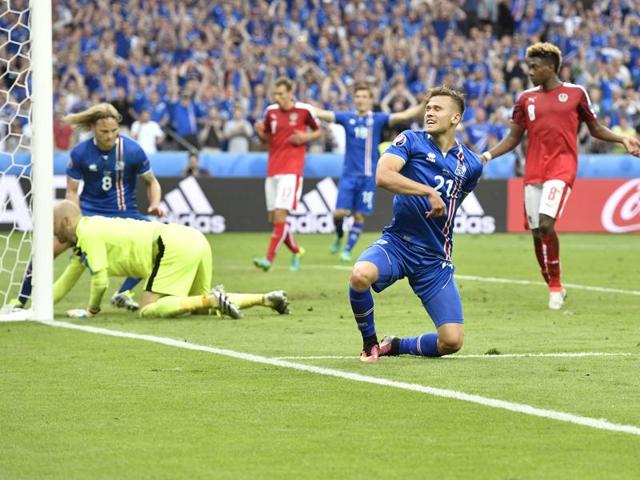 Iceland's Arnor Ingvi Traustason celebrates after scoring the winning goal. (AP)