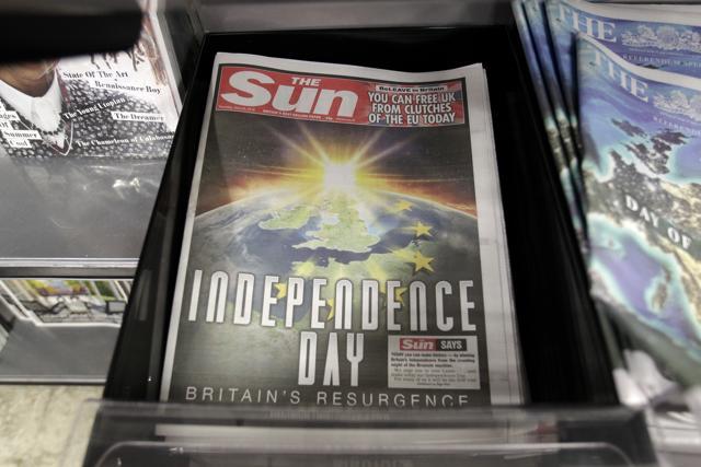 The front page of the Sun newspaper reporting on the EU referendum on a news stand at Westminster in London on June 23, 2016. (AP) The front page of the Sun newspaper reporting on the EU referendum on a news stand at Westminster in London on June 23, 2016. (AP)